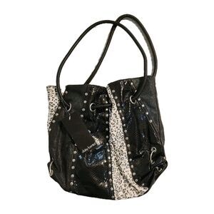 New Daisy Fuentes Large Black And Patchwork Handbag Purse Double Handles